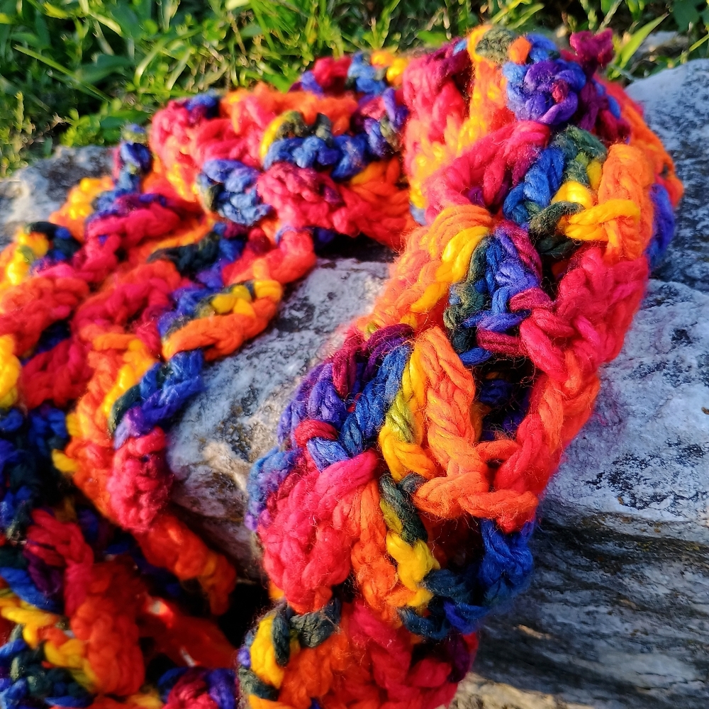 VIBRANT hand crocheted rainbow colored infinity scarf, winter essentials , lgtbq